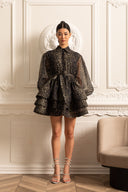Leopard Pattern Long Sleeved Dress With Layered Skirt - Black