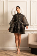 Leopard Pattern Long Sleeved Dress With Layered Skirt - Black