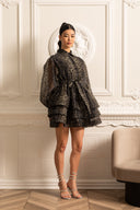 Leopard Pattern Long Sleeved Dress With Layered Skirt - Black