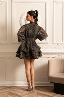 Leopard Pattern Long Sleeved Dress With Layered Skirt - Black