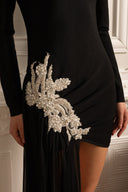 Asymmetrical Fitted Dress With White Hip Embellishments And Sheer Floor-Length Extension - Black