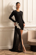 Asymmetrical Fitted Dress With White Hip Embellishments And Sheer Floor-Length Extension - Black