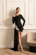 Asymmetrical Fitted Dress With White Hip Embellishments And Sheer Floor-Length Extension - Black