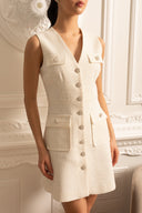 Textured Sleeveless Dress With Pearl Button Accents  - White