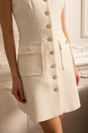 Textured Sleeveless Dress With Pearl Button Accents  - White