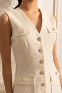 Textured Sleeveless Dress With Pearl Button Accents  - White