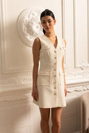 Textured Sleeveless Dress With Pearl Button Accents  - White