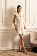 Textured Sleeveless Dress With Pearl Button Accents  - White