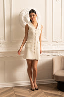 Textured Sleeveless Dress With Pearl Button Accents  - White