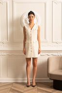Textured Sleeveless Dress With Pearl Button Accents  - White