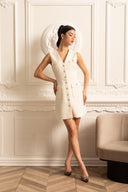 Textured Sleeveless Dress With Pearl Button Accents  - White