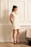 Textured Sleeveless Dress With Pearl Button Accents  - White