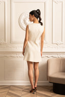 Textured Sleeveless Dress With Pearl Button Accents  - White