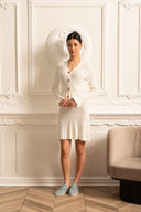 Long Sleeve Knitted Dress With Gold Buttons And Peplum Waist - White