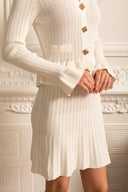 Long Sleeve Knitted Dress With Gold Buttons And Peplum Waist - White