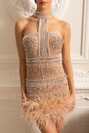 Elegant Halter Dress With Beads And Crystal Embellishments - Beige