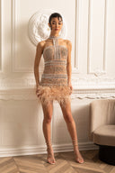 Elegant Halter Dress With Beads And Crystal Embellishments - Beige