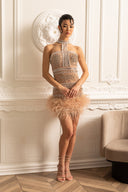 Elegant Halter Dress With Beads And Crystal Embellishments - Beige