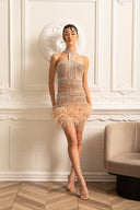 Elegant Halter Dress With Beads And Crystal Embellishments - Beige