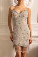 Patterned Strapless Dress With Fringe Detailing at Hem - Silver