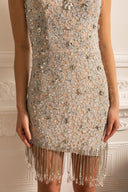 Patterned Strapless Dress With Fringe Detailing at Hem - Silver