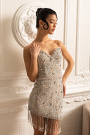 Patterned Strapless Dress With Fringe Detailing at Hem - Silver