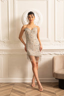 Patterned Strapless Dress With Fringe Detailing at Hem - Silver