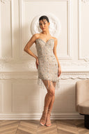 Patterned Strapless Dress With Fringe Detailing at Hem - Silver