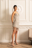 Patterned Strapless Dress With Fringe Detailing at Hem - Silver