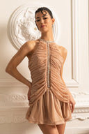 Sleeveless Halter Dress with Pearl Accents - Nude