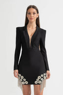 Crystal Embellished Blazer Dress With Structured Shoulders, Deep V-Neckline And Sparkling Fringed Hem - Black