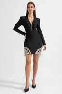 Crystal Embellished Blazer Dress With Structured Shoulders, Deep V-Neckline And Sparkling Fringed Hem - Black