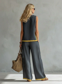 Paige cotton linen vest and pants set with contrast trim, view 9
