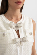 Textured Sleeveless Dress With Metal Embellished Bows - White