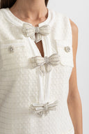 Textured Sleeveless Dress With Metal Embellished Bows - White