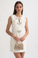 Textured Sleeveless Dress With Metal Embellished Bows - White