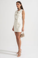 Textured Sleeveless Dress With Metal Embellished Bows - White