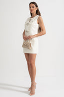 Textured Sleeveless Dress With Metal Embellished Bows - White