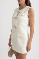 Textured Sleeveless Dress With Metal Embellished Bows - White