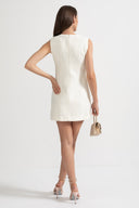 Textured Sleeveless Dress With Metal Embellished Bows - White