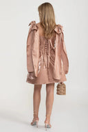 Elegant Satin Fitted Dress With Flared Skirt And Decorative Shoulder Bow Accents - Brown