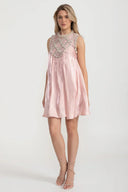 Elegant A-Line Sleeveless Dress With Intricate Pearl And Crystal Embellishments - Pink
