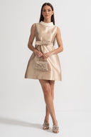 Satin Dress With Contrasting White Collar And Coordinated Matching Bow Belt - Beige