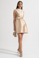 Satin Dress With Contrasting White Collar And Coordinated Matching Bow Belt - Beige