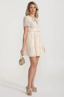 Short Sleeved Lace Dress With Rounded Neckline And Decorative Bow - Ivoire