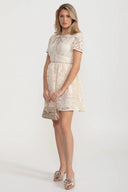 Short Sleeved Lace Dress With Rounded Neckline And Decorative Bow - Ivoire