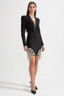 Crystal Embellished Blazer Dress With Structured Shoulders, Deep V-Neckline And Sparkling Fringed Hem - Black