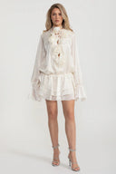 Flowing Sheer Dress With Floral Appliques And Long Puffy Sleeves - Ivoire
