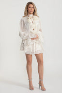 Flowing Sheer Dress With Floral Appliques And Long Puffy Sleeves - Ivoire