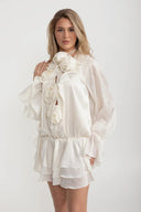 Flowing Sheer Dress With Floral Appliques And Long Puffy Sleeves - Ivoire